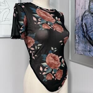 Vintage Y2K January 7 USA Sheer Mesh Asymmetrical Floral Black Top Grunge  2000s